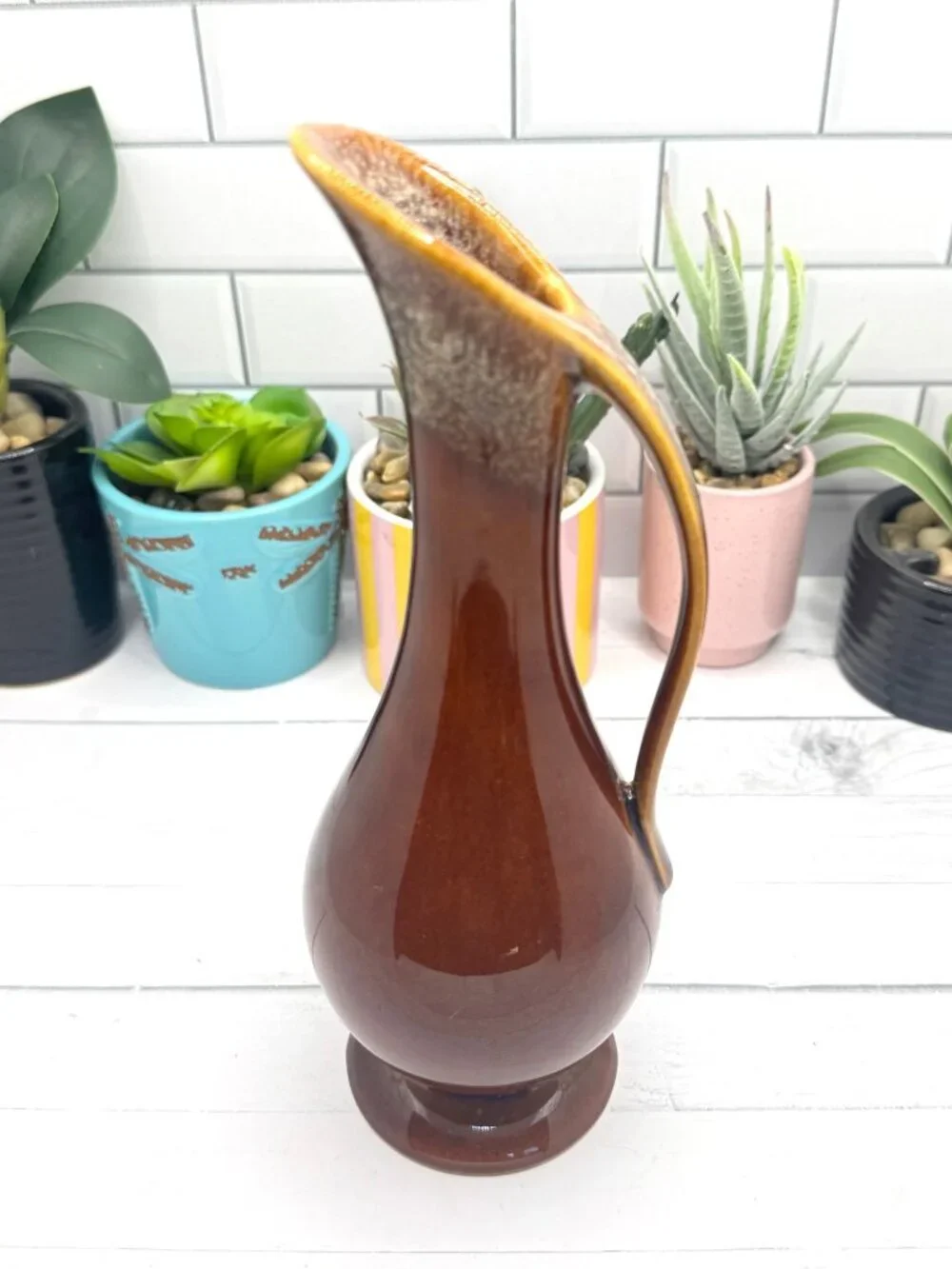 Vintage MCM Dalton USA Brown Drip Glaze Ceramic Ewer Vase With Handle